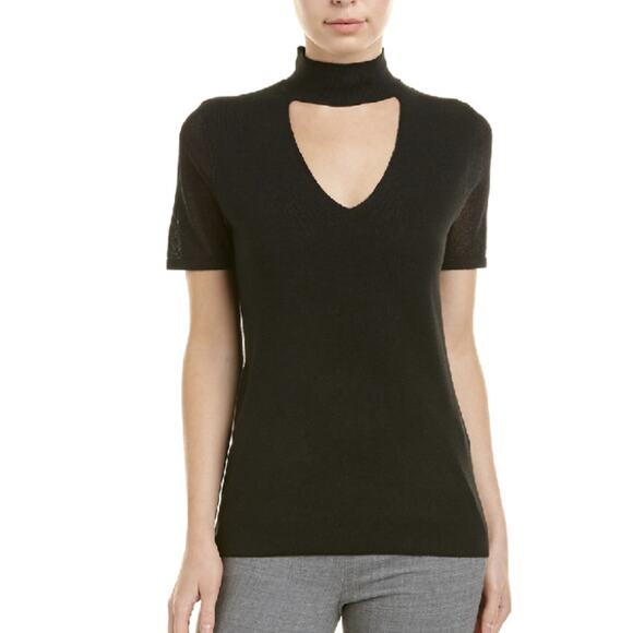 Tahari cut-out choker sweater top, NEW ladies small black short sleeve V-neck - Picture 1 of 8